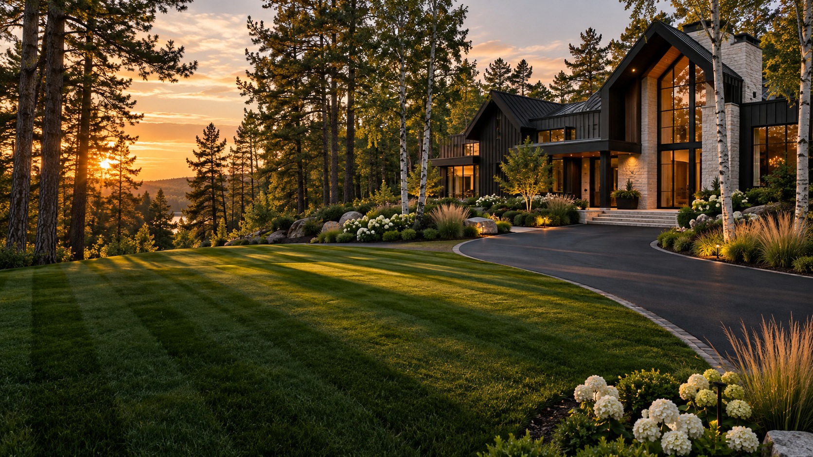 Concept summer estate landscape with a lush lawn and curated planting